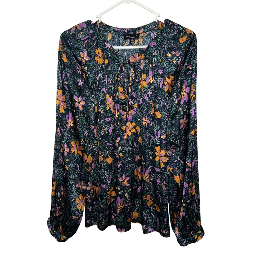 Current Air Los Angeles Floral Split Neck Tie Blouse Purple Orange Green Large